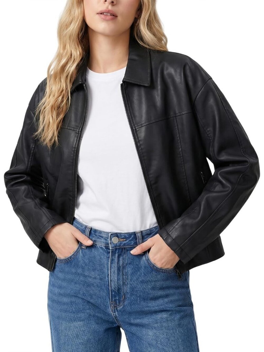 Women's Black Faux Leather Long Sleeve Casual ZIP Up Outfits Motorcycle Jackets